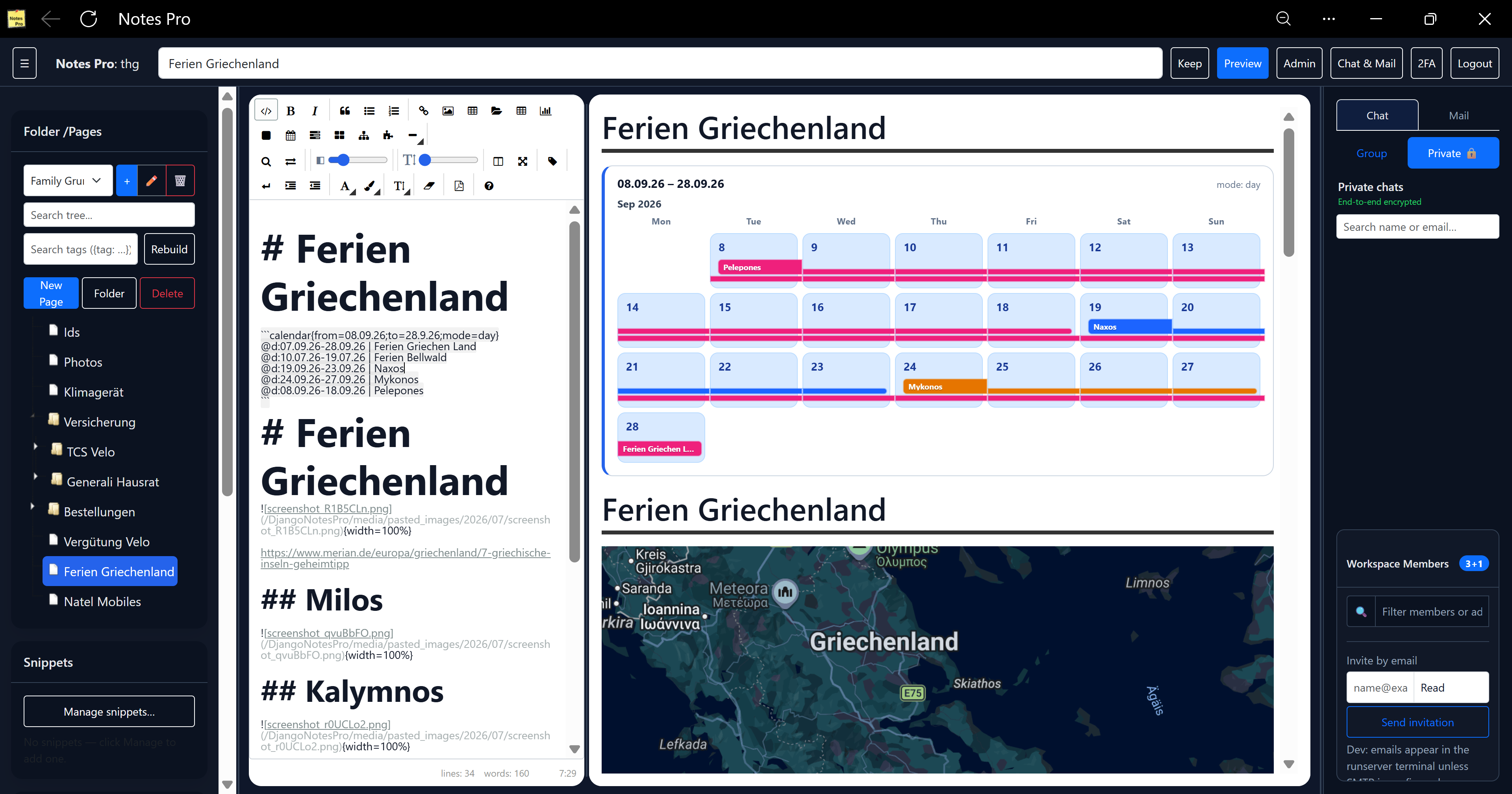 NotesPro dashboard — tree, markdown editor, live preview with calendar, and encrypted chat