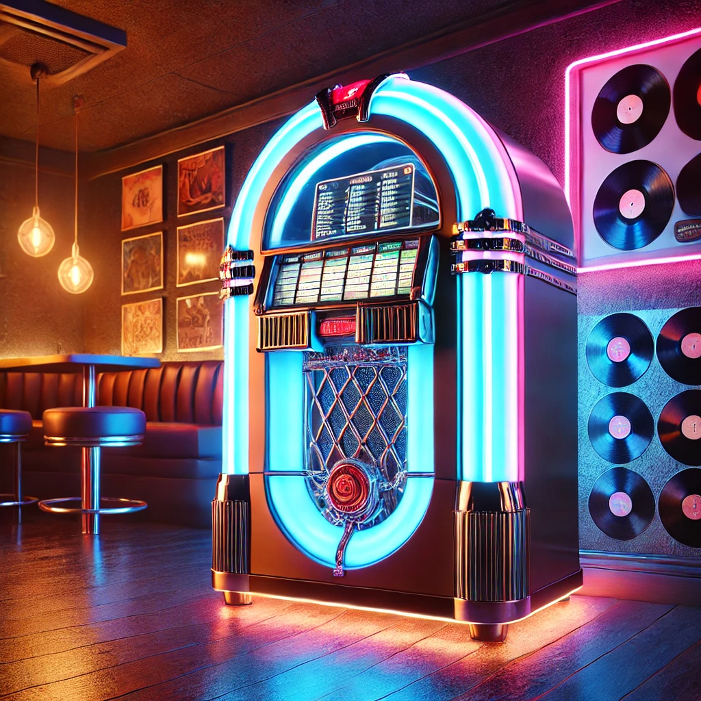 Neon diner jukebox cabinet used as the NotesPro player background